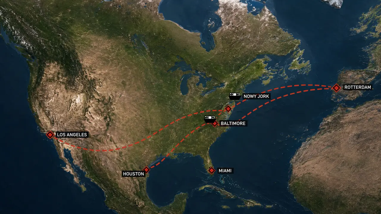 Trasa transportu morskiego: porty USA (Los Angeles, Houston, Miami, Nowy Jork, Baltimore) statkiem do Rotterdamu